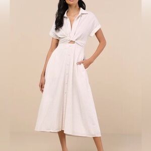 Lulu's Cream and Light Beige Striped Midi Dress